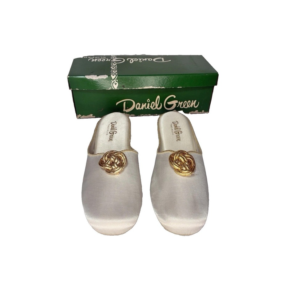 Vintage Daniel Green Gold Satin Boudoir Slippers Bow Rosette USA w/ Box 2A90
